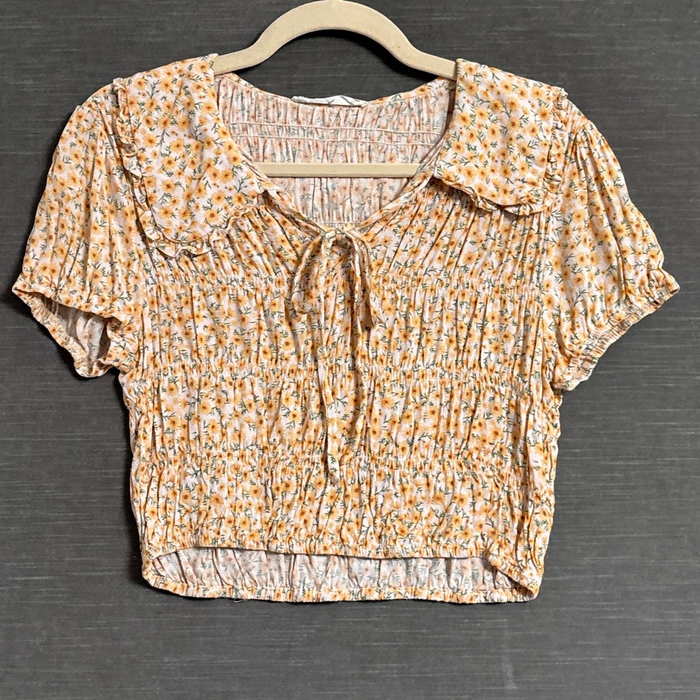 Elodie Top M Orange Yellow Floral Smocked Ruffle Collar Tie Crop Boho Cottage